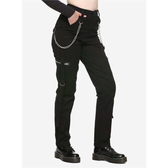 Royal Bones By Tripp Black Mesh Pocket Cargo Pants w/ Chains Zippers Hot Topic 9 - Picture 1 of 12